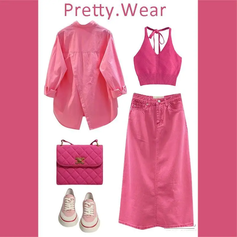 Summer Suit Women's 2023 New Large Size Women's Clothing Fashionable Sweet Sling Shirt Slimming Skirt Three-Piece Suit Fashion