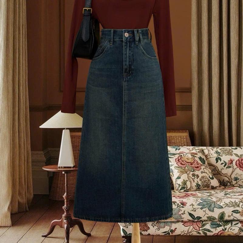 Chân váy jeans dáng dài xẻ sau kiểu dáng basic dáng chữ A tôn dáng dễ phối đồ top women c93