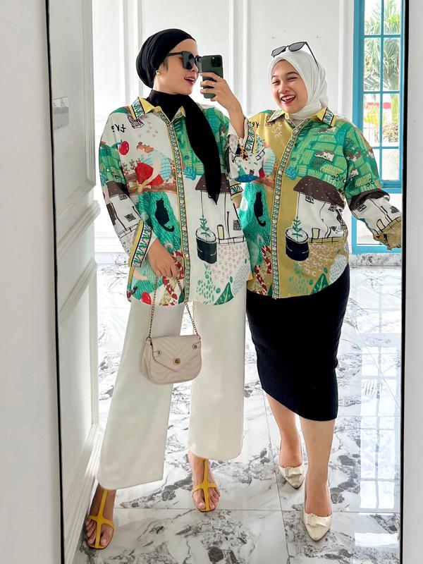 Kemeja Wanita Silk Aqiana Oversize - Baju Panjang Motif  Casual Atasan 9