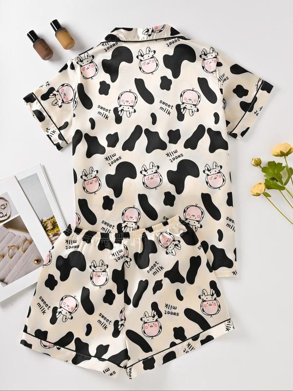 Women's Cow Print Short Sleeve Top  & Shorts Pyjama Two-piece Set, Casual Comfy Round Neck Top & Shorts Pj Set, Ladies Sleepwear for All Seasons 1