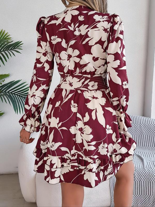 Women's Floral Print Ruffle Trim Shirred Tie Front A Line Dress, Boho Deep V Neck Flounce Sleeve Short Dress for Spring & Fall, Ladies Clothes for Beach Holiday Vacation 1