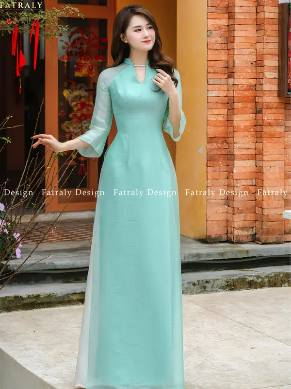 Áo dài nữ Fatraly thiết kế 4 tà màu xanh vải tơ lót lụa cao cấp 1