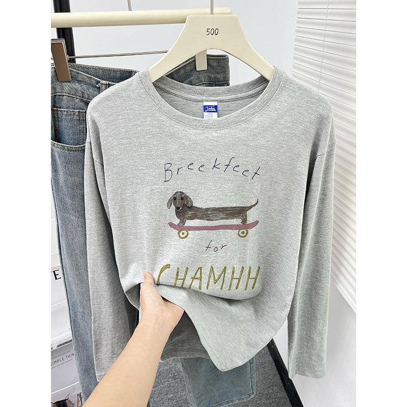 Áo Thun Cotton Nguyên Chất, Cổ Tròn, Dài Tay, Dành Cho Nữ, Hàng Mới Về Mùa Thu 2024, Phong Cách Thời Trang Hàn Quốc, In Hình Trẻ Trung, Dáng Rộng Vừa Vặn, Quần Áo Đáy 5