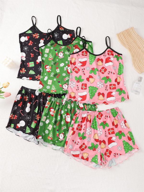 6 Pieces Women's Contrast Binding Lettuce Trim Cami Top & Shorts Pyjamas Set, Casual Comfy Halloween Pumpkin & Skull Print Camisole & Shorts Pj Set, Sleepwear Set for Women, Co-ord Sets for Women, Nightwear 3