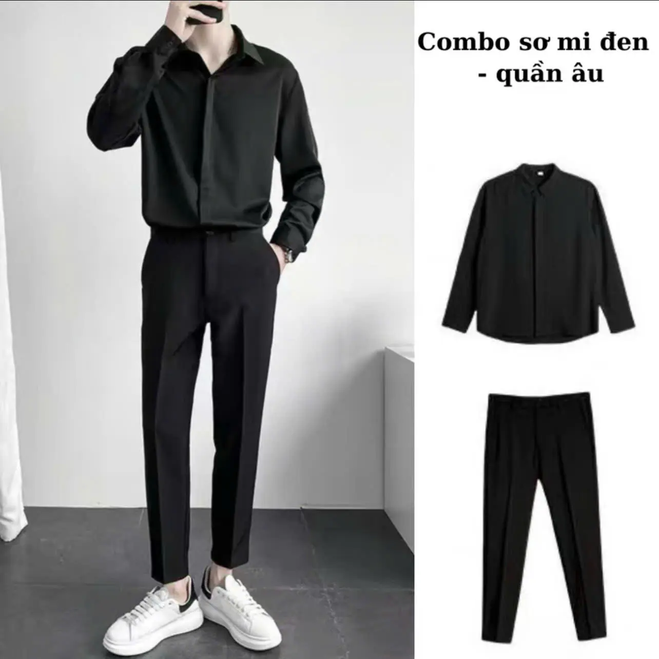 Quần Âu + Áo Sơ Mi Dài Tay Nam Che Cúc Vải Lụa Cao Cấp