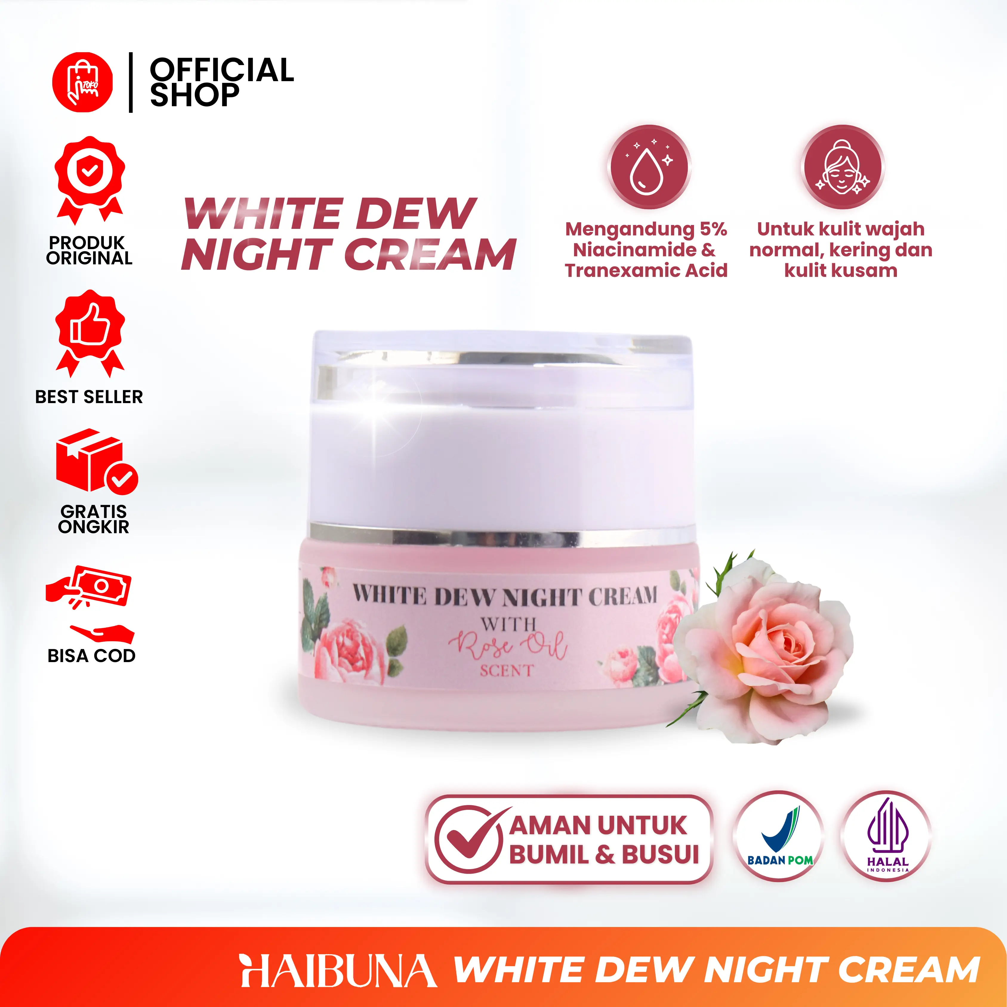 HAIBUNA Skincare Night Cream White Dew - Krim Malam 20gr Membantu Mencerahkan Kulit - Aman Untuk Bumil Busui