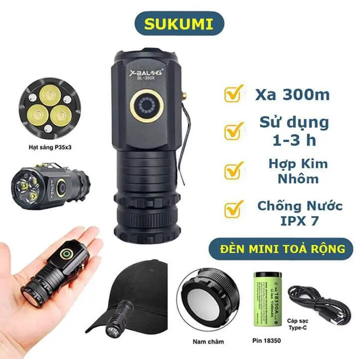 X-BALOG 350X Đèn pin cầm tay mini siêu sáng vỏ nhôm chống nước IPX7 độ sáng tối đa 2000 Đèn cầm tay 6