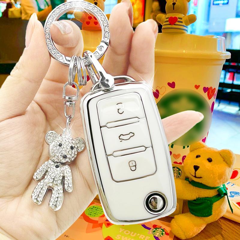Car Key Case with Bear Charm, Cute Car Key Protective Cover, Soft TPU Anti-lost Car Key Protector, Universal Car Key Fob Cover for Volkswagen Sprint 0
