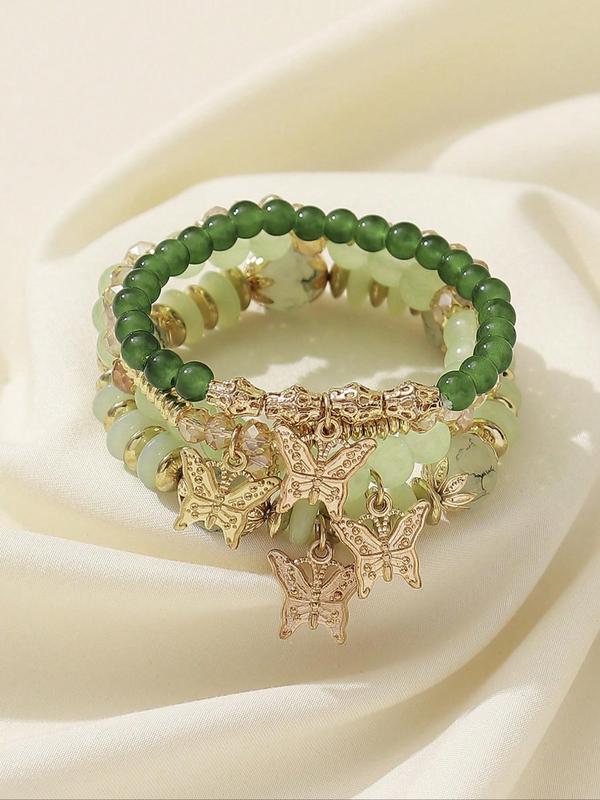 Fashionable Temperament Butterfly Charm Decor Beaded Bracelets, 4pcs/set Boho Style All-match Beaded Bracelet, Fashion Jewelry for Women & Girls 1