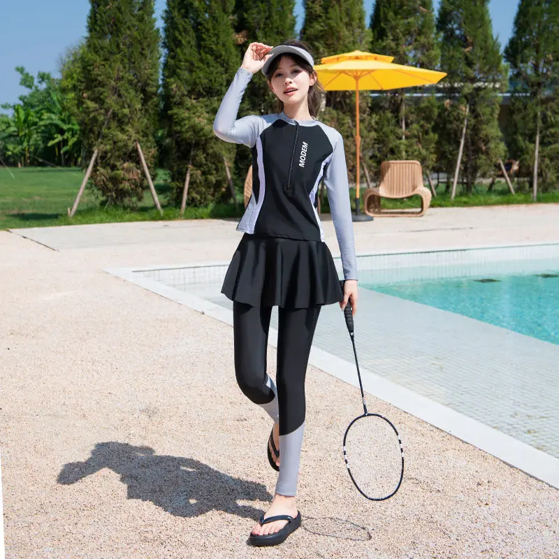 New Women's Swimsuit Two-Piece Long Sleeve Long Pants Sun Protection Hot Spring Three-Piece Set Conservative Surfing Snorkeling Jellyfish Suit