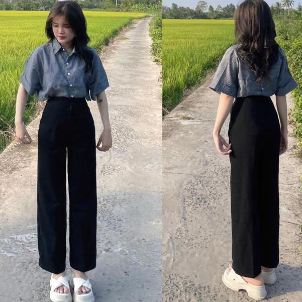 Quần suông ống rộng nữ lưng cao 1 khuy kiểu dáng suông dài cạp cao vải tuyết mưa đen mềm - Quần ống rộng đen nữ công sở mặc đi học làm Ong Pants Women