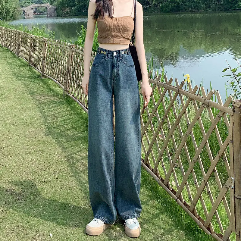 Retro Blue Tall and Small Loose High Waist Wide Leg Jeans for Women New Straight Draping Mopping Pants