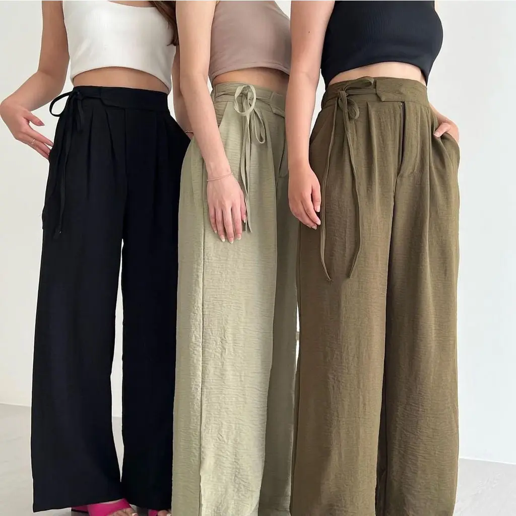 Celana Kulot  Wanita Crinkle Airflow Premium Tali Samping Jumbo Fit Kain Panjang