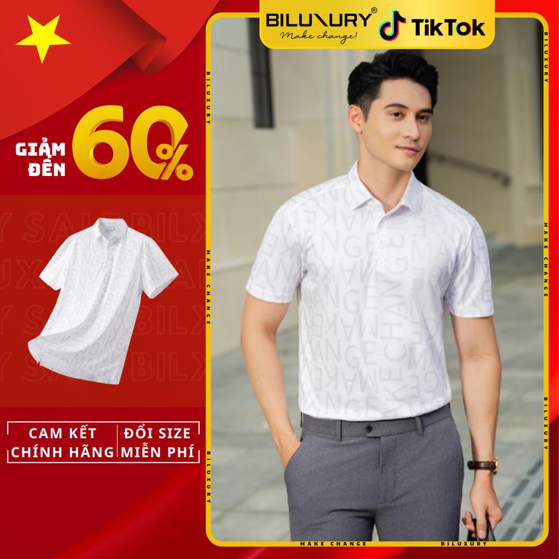 Áo Polo Biluxury Hoạ Tiết Monogram Vải Recycle 8APCH440TRK Thân Thiện Với Da Form Body Fit ôm vừa người, tôn dáng Menswear Nam Có Cổ