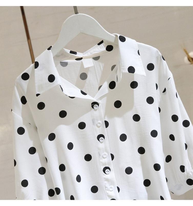 Product Introduction of Kemeja Polka Dot, Lengan Separuh, Untuk Wanita, Longgar, Saiz Besar, Pelangsingan Badan, Serba guna, Gaya Pullover Perancis, Baju Nipis, Fesyen, Musim Bunga dan Musim Panas 2024 Ketibaan Baru 4