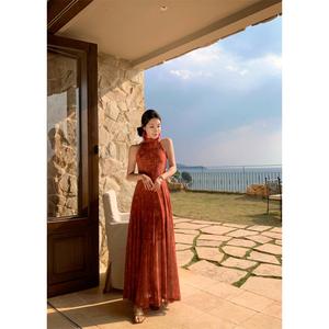 Red Chinese style printed sleeveless dress with a hanging neckline for summer, featuring elastic mesh waistband, sleeveless design, and flared skirt that enhances a slim and elegant look.