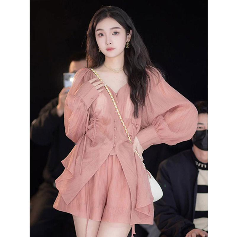 Quần Áo Mùa Hè, Cỡ Nhỏ Thanh Lịch Và Tuyệt Vời, Chống Lão Hóa, Thời Trang Cao Cấp, Phong Cách Cổ Điển, Bộ Đồ Ngắn Áo Sơ Mi Màu Hồng, Quần Áo Nữ 0