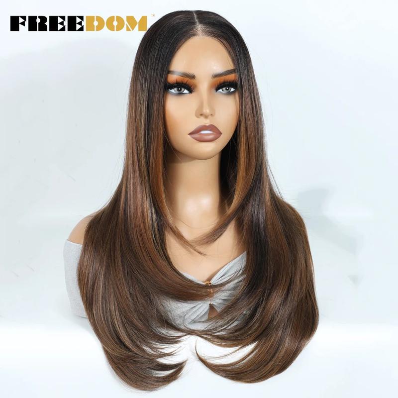 Product Introduction of Synthetic Lace Front Wigs For Black Woman Layered Straight Wear and Go Glueless Wigs Ombre Brown T Part & 6x4 Pre Plucked Wig 5