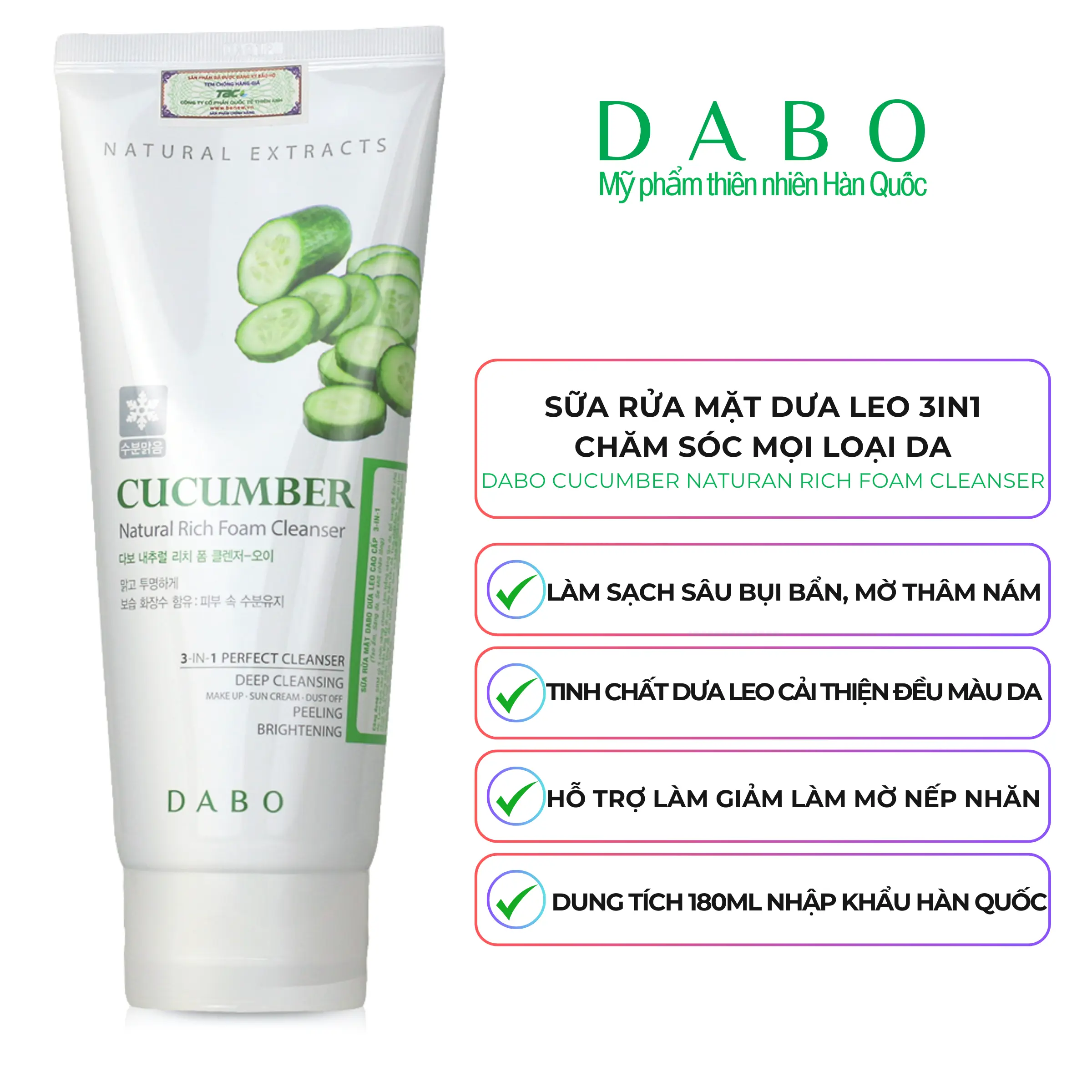 [MỸ PHẨM DABO CHÍNH HÃNG] Sữa rửa mặt 3IN1 tinh chất dưa leo dành cho da thường - DABO Cucumber Natural Rich Foam Cleanser 180ml Skincare Nữ