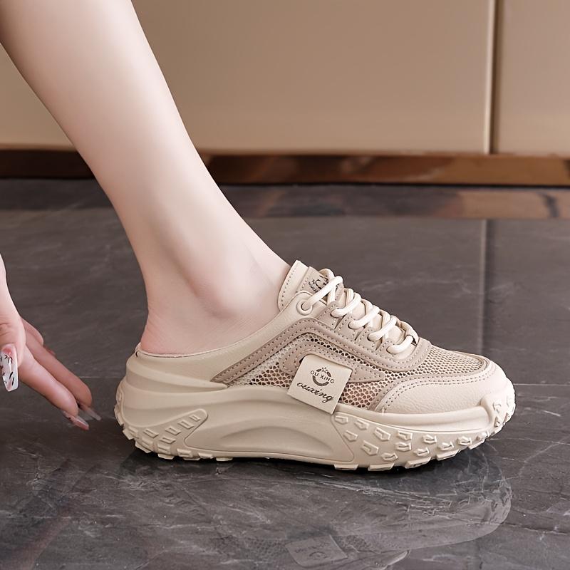Product Introduction of Women's Breathable Mesh Slip-On Sneakers - Casual Lace-Up, Mid-Heel, Summer Fashion Shoes with Round Toe & TPU Sole, Outdoor, Half Slip-on, Leisure Style 10