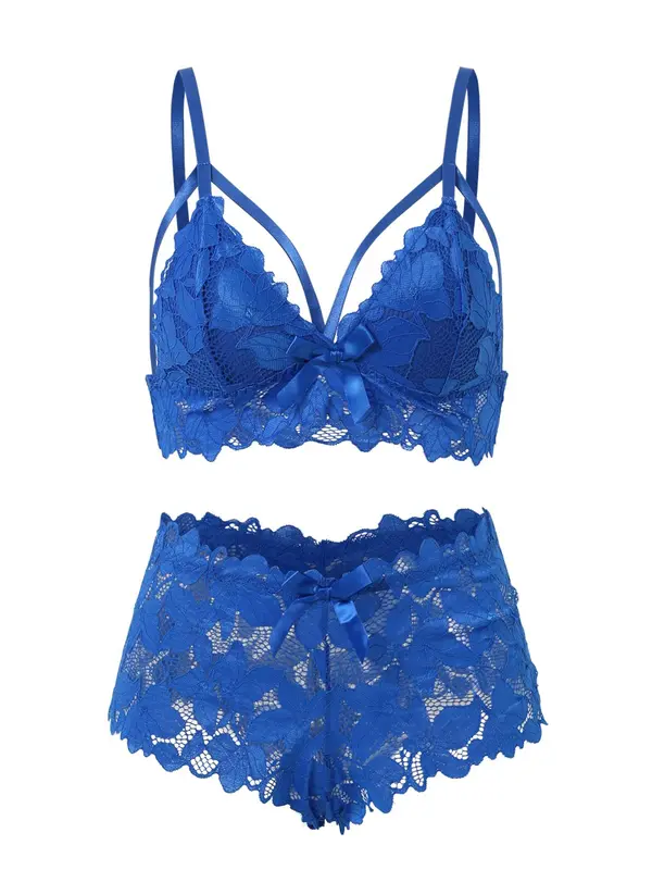 【Plus Size】 Bow Decor Lace Bra & Scallop Trim Brief Boxer Set, Naughty Lingerie, Push Up Lingerie & Sheer Panty, Underwear Set Super Push Up Bra, Festival Wear 2024, 2 Piece Set for Girls Women, Bralettes Top & Bottoms Set, Fall Clothes 2