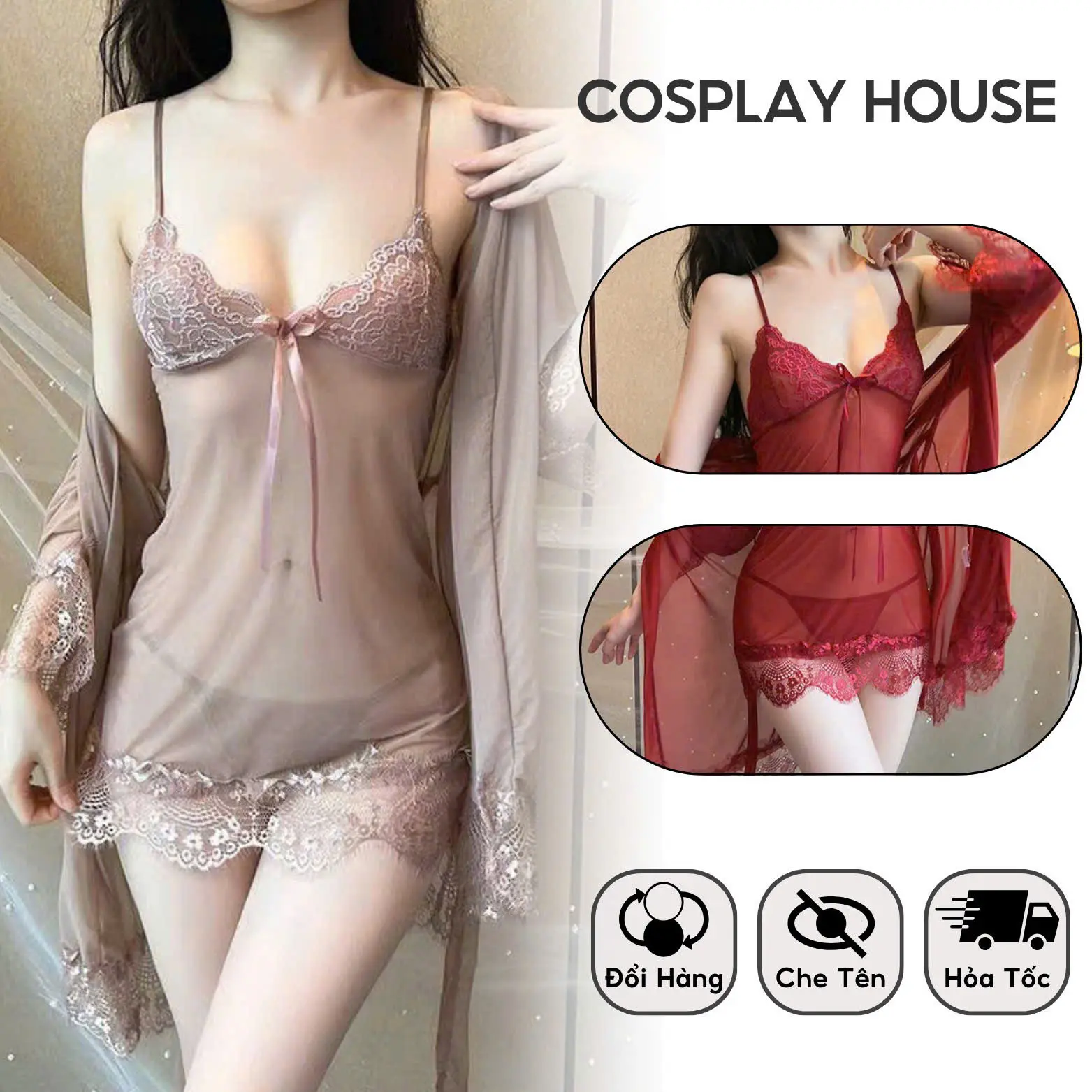 Váy ngủ 2 dây sexy kèm áo choàng - vái ngủ 2 dây chất ren phối lụa CHE TÊN SẢN PHẨM Cosplayhouse