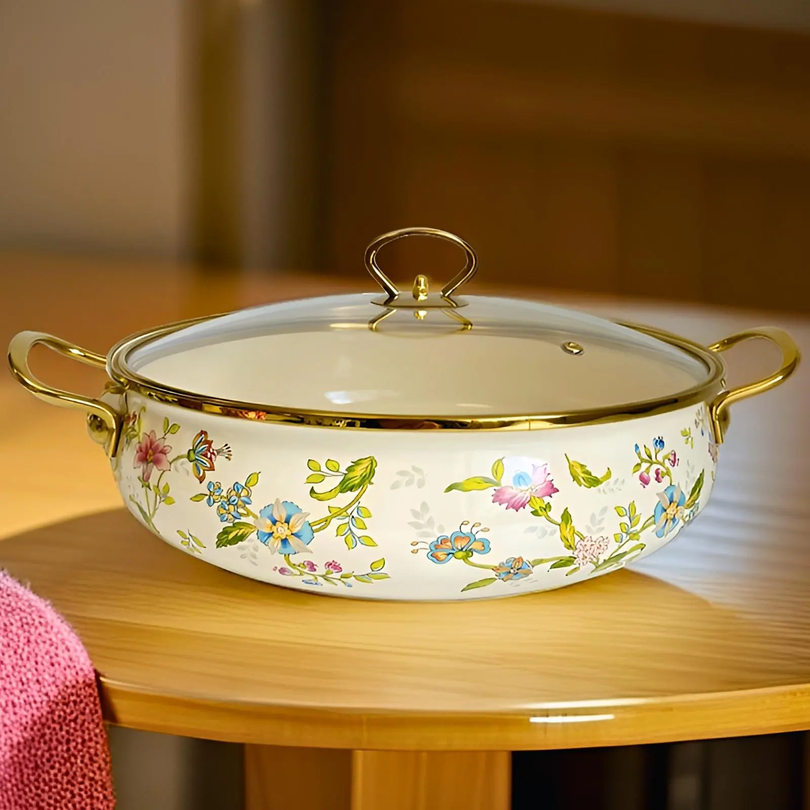 Vintage Style Enameled Stockpot with Lid & Handle, 1 Count Flower Pattern Large Capacity Cooking Pot, Suitable for Home and Outdoor Activity