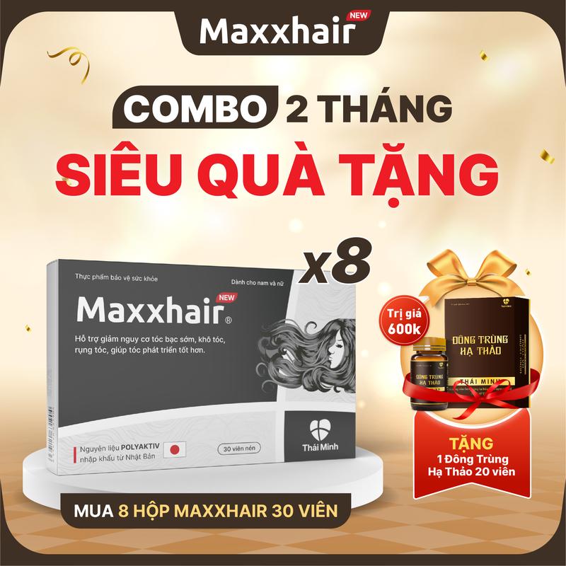 [COMBO 2 THÁNG VIÊN UỐNG] Mua 8 hộp viên uống MAXXHAIR - TẶNG 1 viên uống Đông Trùng Hạ Thảo 20 viên - Sản phẩm dành cho người bị rụng tóc nhiều và hỗ trợ giúp tóc chắc khoẻ - 30 viên