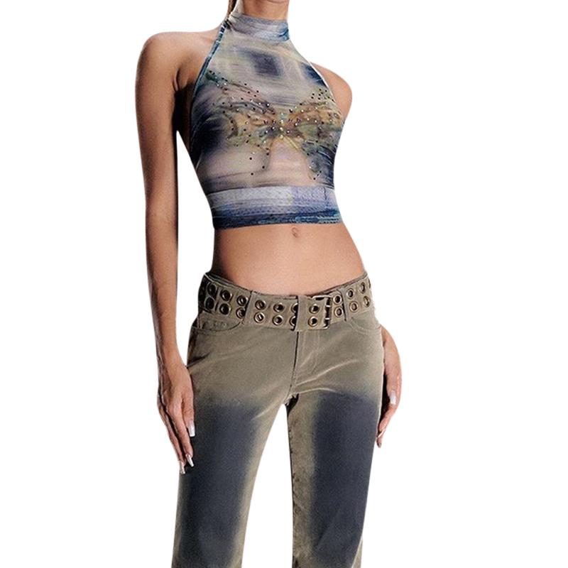 Áo Ba Lỗ Cổ Yếm Cho Nữ, Không Tay, In Hình Bướm, Dáng Ôm, Áo Hở Eo, Áo Sơ Mi Hở Lưng, Đính Đá Top