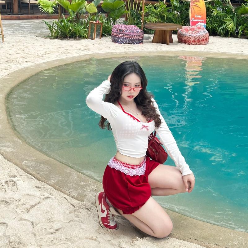 Áo Bra Caro + Áo Tay Dài đi biển có minisize bigsize tặng kèm 1 ghim nơ Phương Phương House Kem Nữ Women Thun