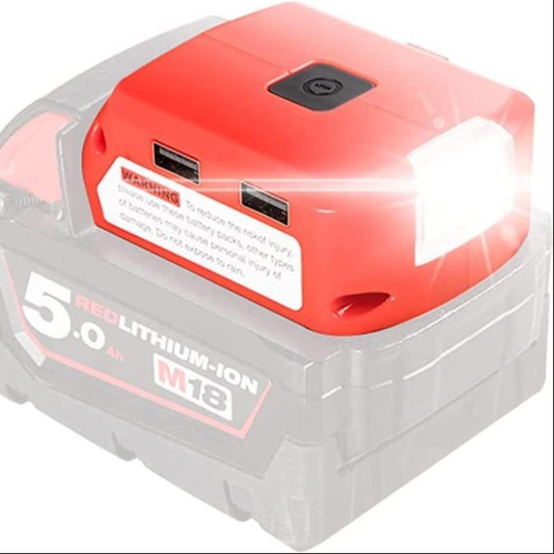Product Introduction of Battery Adapter for Milwaukee 18V Lithium Ion Battery, Battery Adapter with DC Port & LED Work Light & Dual USB Ports, for Milwaukee 49-24-2371 M18 Power Source 35