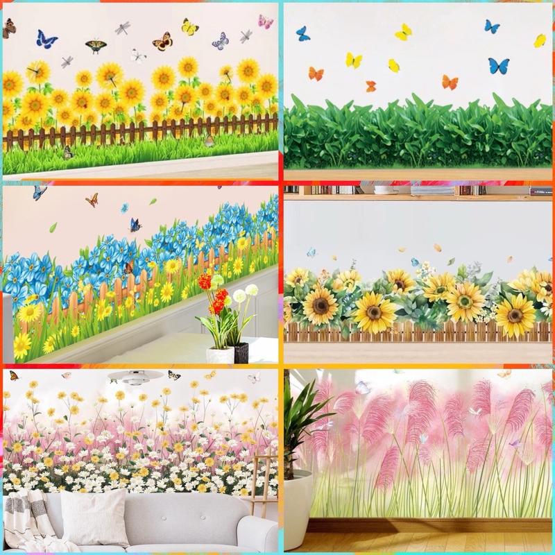 Tranh Decal dán tường trang trí chân tường mẫu hoa cỏ