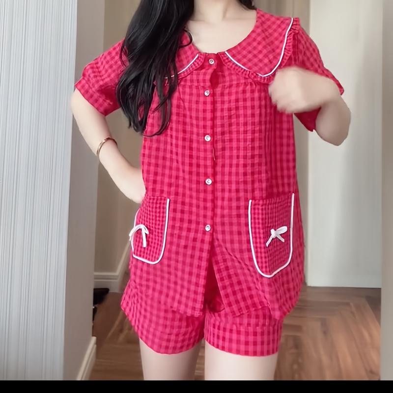 Bộ đũi kẻ caro vân mây tay cộc quần đùi cho nữ . Cổ bèo vời 2 túi nơ xinh. (Có size 40-80kg)