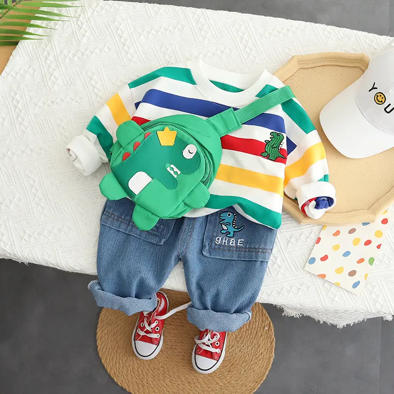 Tas Dino Setelan Baju Anak Laki-Laki Garis Dino Tas Motif Dino Celana Pendek GRATIS FREE TAS DINO Fashion setelan  anak korea import Kemeja 4