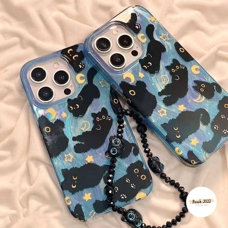 Ốp Điện Thoại Tương Thích Cho IPhone 7plus 12 14 11 16 13 8 15 7 Pro Max 15 8 16 7 14 Plus X XR XS Max SE 2020 Ngôi Sao Và Mặt Trăng Đen Dính Hình Mèo Hoạt Hình Mềm Có Vòng Tay Phụ Kiện