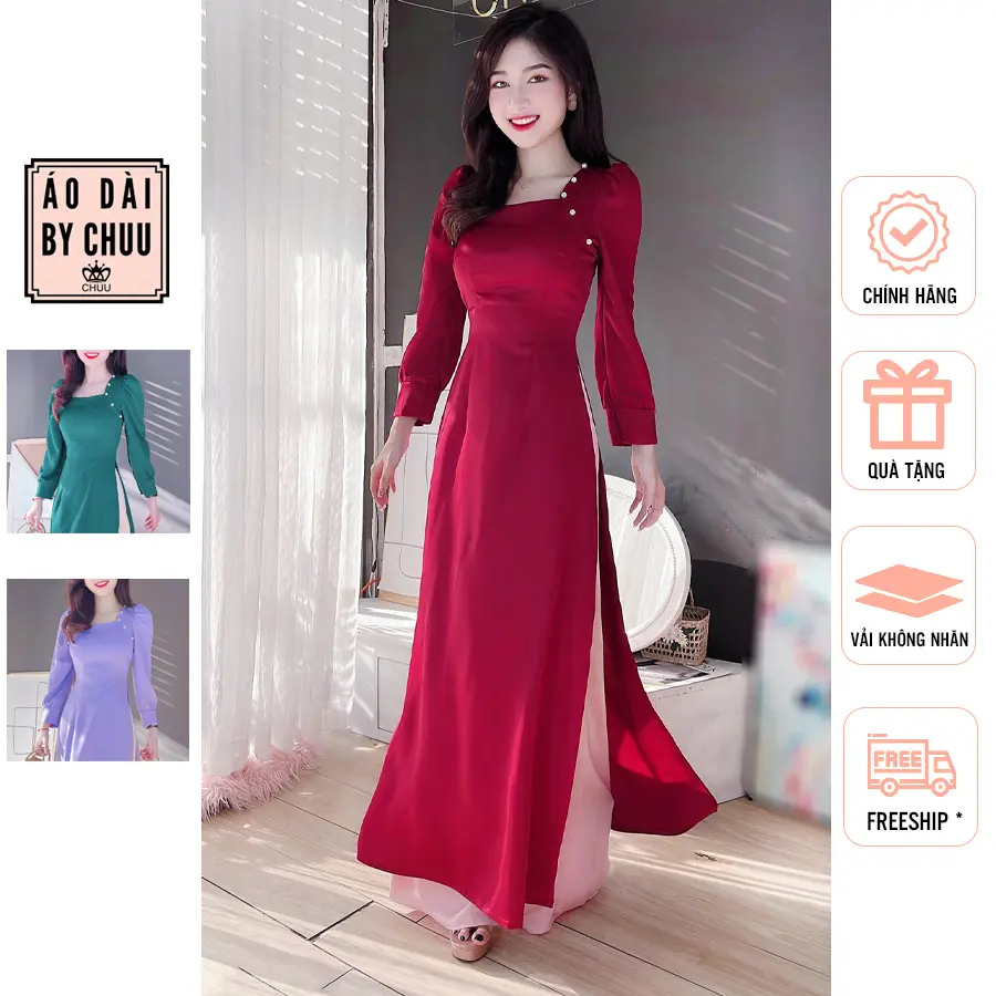 Áo Dài Giáo Viên Trẻ Trung Năng Động Cổ Vuông Cách Tân Dính Nút Bọc CHUU AD8025 - không kèm quần