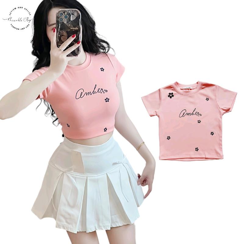 Áo Thun Croptop Borip Ôm Body Nữ Form Basic Cổ Tròn Tay Ngắn In Hình Hoa Nhí Cember, MLS100, Women Trắng Dáng Ngắn Sen Sò Hoa Sen