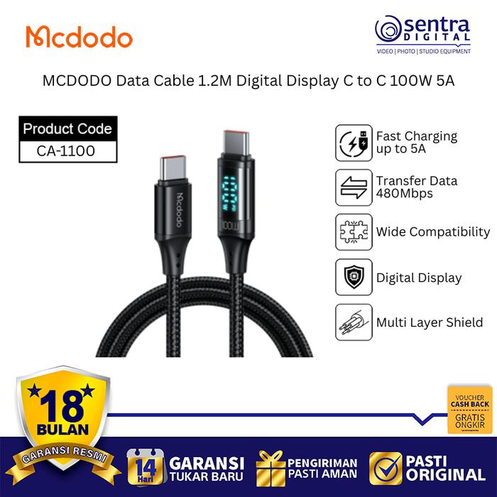 Gambar MCDODO CA-1100 100W 5A USB C Cable with Digital Display C to C for Fast Charging & Data Sync dari Sentra Digital Kota Surabaya Tokopedia