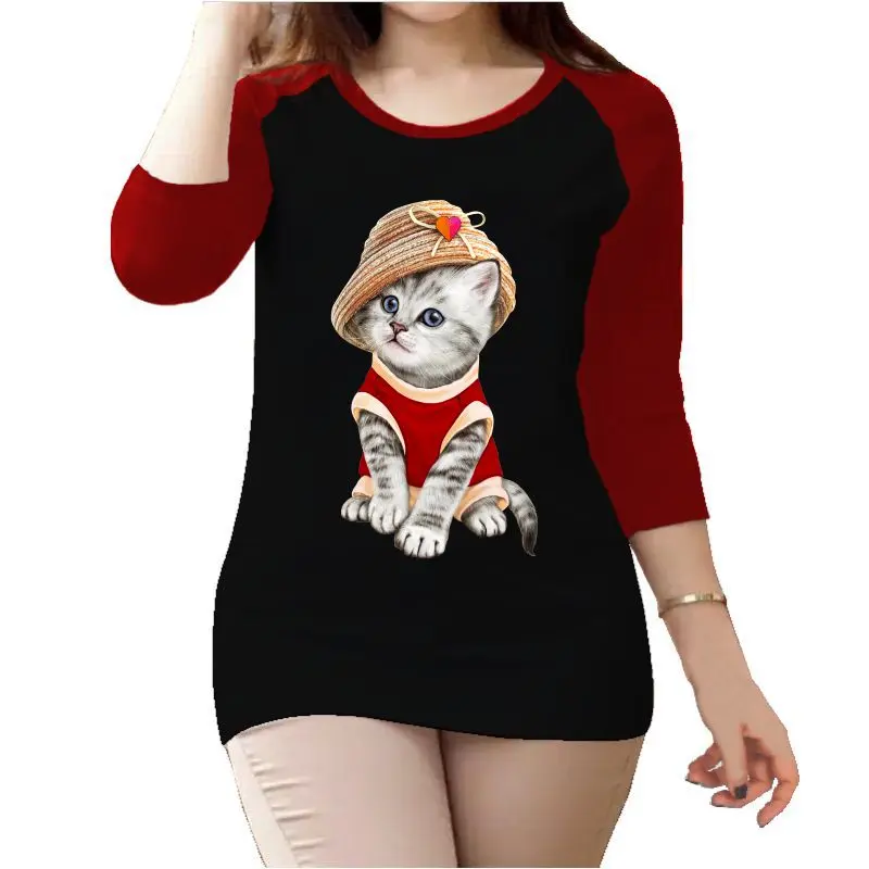 Mareebelikaos.id - Kaos Atasan Wanita Motif Kucing Topi Lengan 3/4 Raglan Baju  Premium Sablon Custom Digital Printing Santai Dewasa Cewek 2