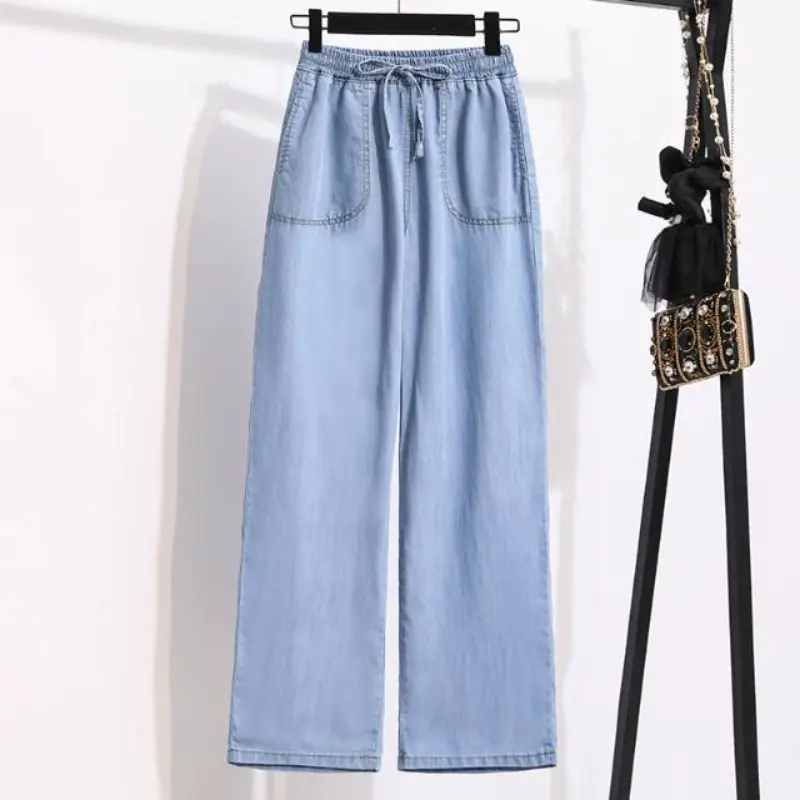 Female Denim Pants Solid Plus Size Summer Korean Style Women Clothing Casual Elastic High Waist Straight Leg Thin Lady Jeans