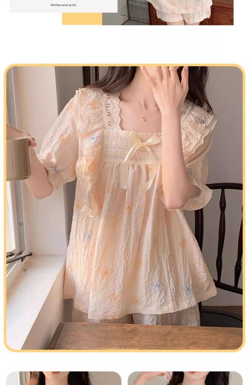 Product Introduction of Bộ đồ ngủ bằng vải bông mùa hè của phụ nữ Dễ thương Patrick Ngôi sao ngắn tay ren trang trí bong bóng Nếp nhăn Mục vụ Loungewear hai mảnh Áo 12