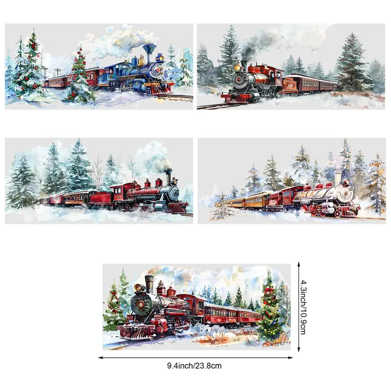 Christmas Steam Train Pattern Glass Cup Sticker, 5 Counts/set Waterproof Punk Transfer Sticker, Decorative Sticker for 16oz Glass, Cups, Crafts 3