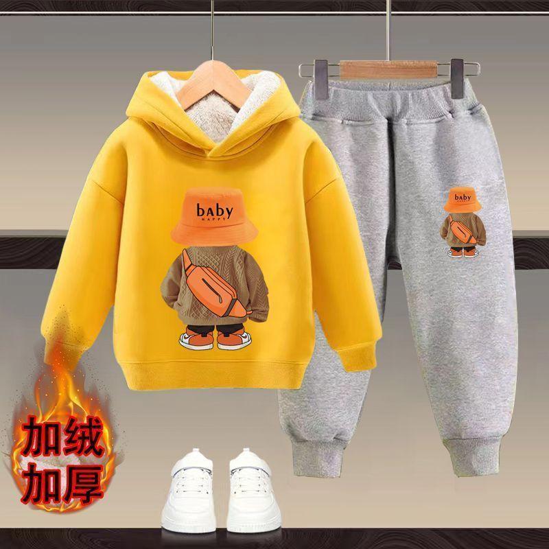 Bộ Đồ Áo Nỉ Có Mũ Trùm Đầu, Cho Trẻ Em, Lót Lông Cừu, Dày Dặn, Thích Hợp Cho Mùa Thu Và Mùa Đông, Cho Bé Trai Và Bé Gái, Phong Cách Phương Tây Mới, Bộ Đồ Ấm Áp Hai Mảnh, Trẻ Em 7