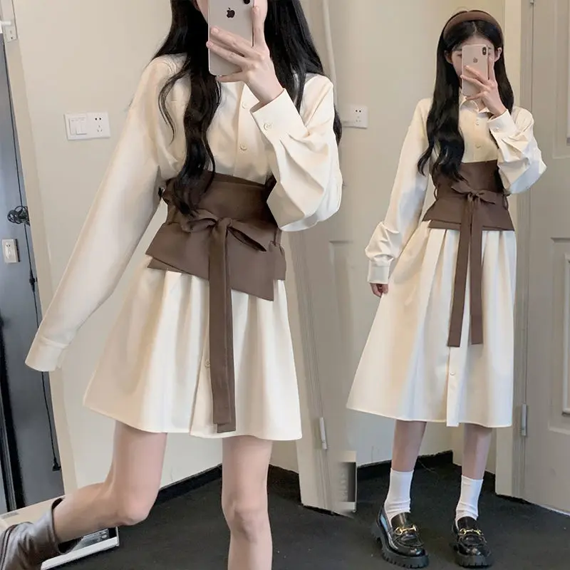 Sweet and Spicy Shirt Dress for Women 2022 New Korean Style Elegant Loose Slim Waist A- line Autumn Dress Female Students