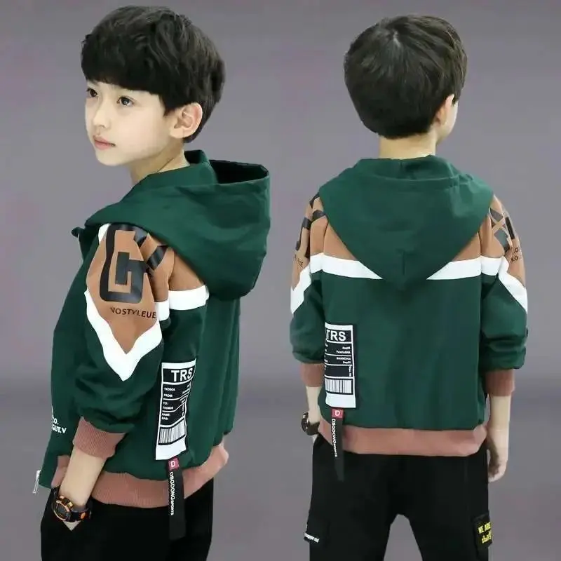 เสื้อผ้าเด็ก เสื้อแจ็คเก็ตมีฮู้ดลำลองสำหรับเด็กผู้ชาย เสื้อกีฬาขนาดกลางและขนาดใหญ่ ใส่สบาย ชุดสปริงด้านนอกอินเทรนด์ ฤดูใบไม้ผลิใหม่ 2021