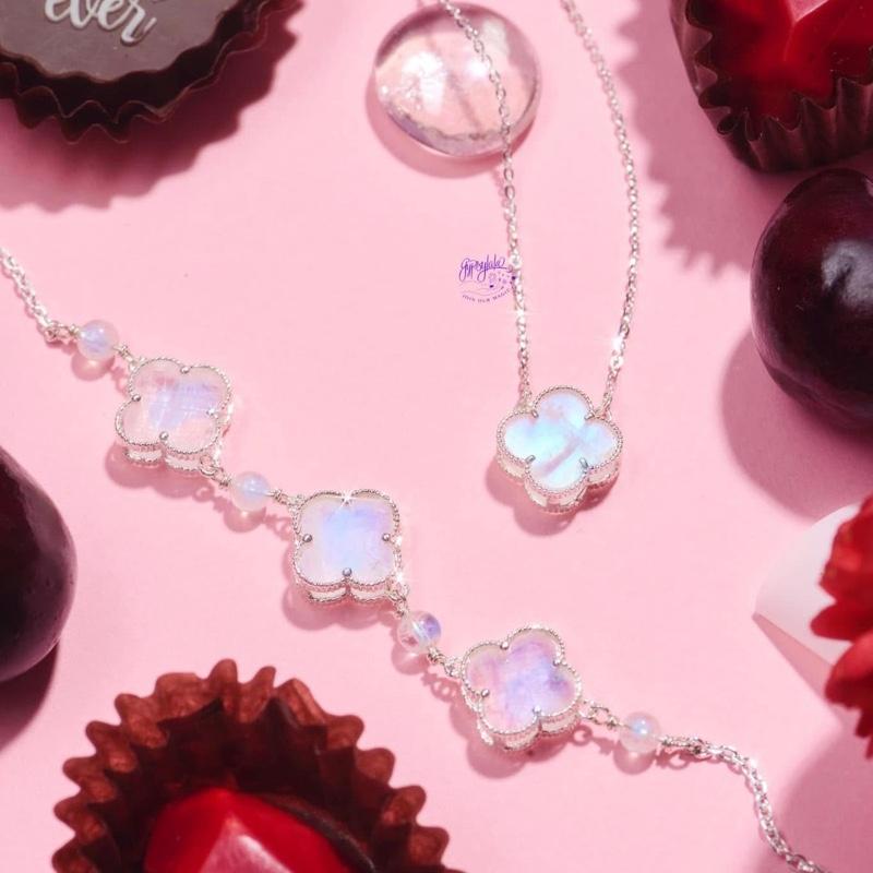  Lắc tay 3 viên đá cỏ 4 lá khung bạc SP006703 Gypsy.lala Phụ Kiện Đeo Tay 