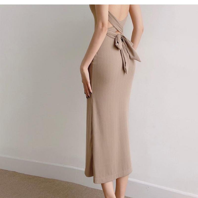Product Introduction of Elegant back-cropped bodycon dress with waist tie long sleepveless gown for women 2