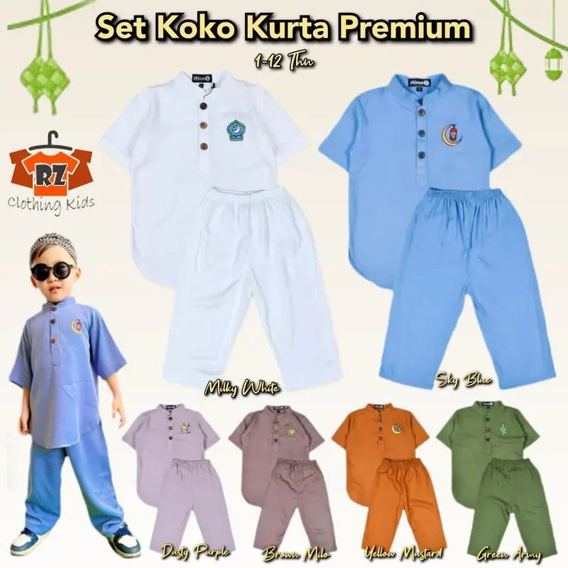 Setelan Koko Kurta Anak Laki-Laki Usia 1-12 Tahun Bahan Katun Rayon Premium Banyak Pilihan Warna 0