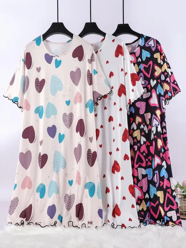 【Plus Size】 Heart Print Nightdress, Casual Comfy Short Sleeve Nightgown for Women, Women's Sleepwear for Summer, Loungewear 0