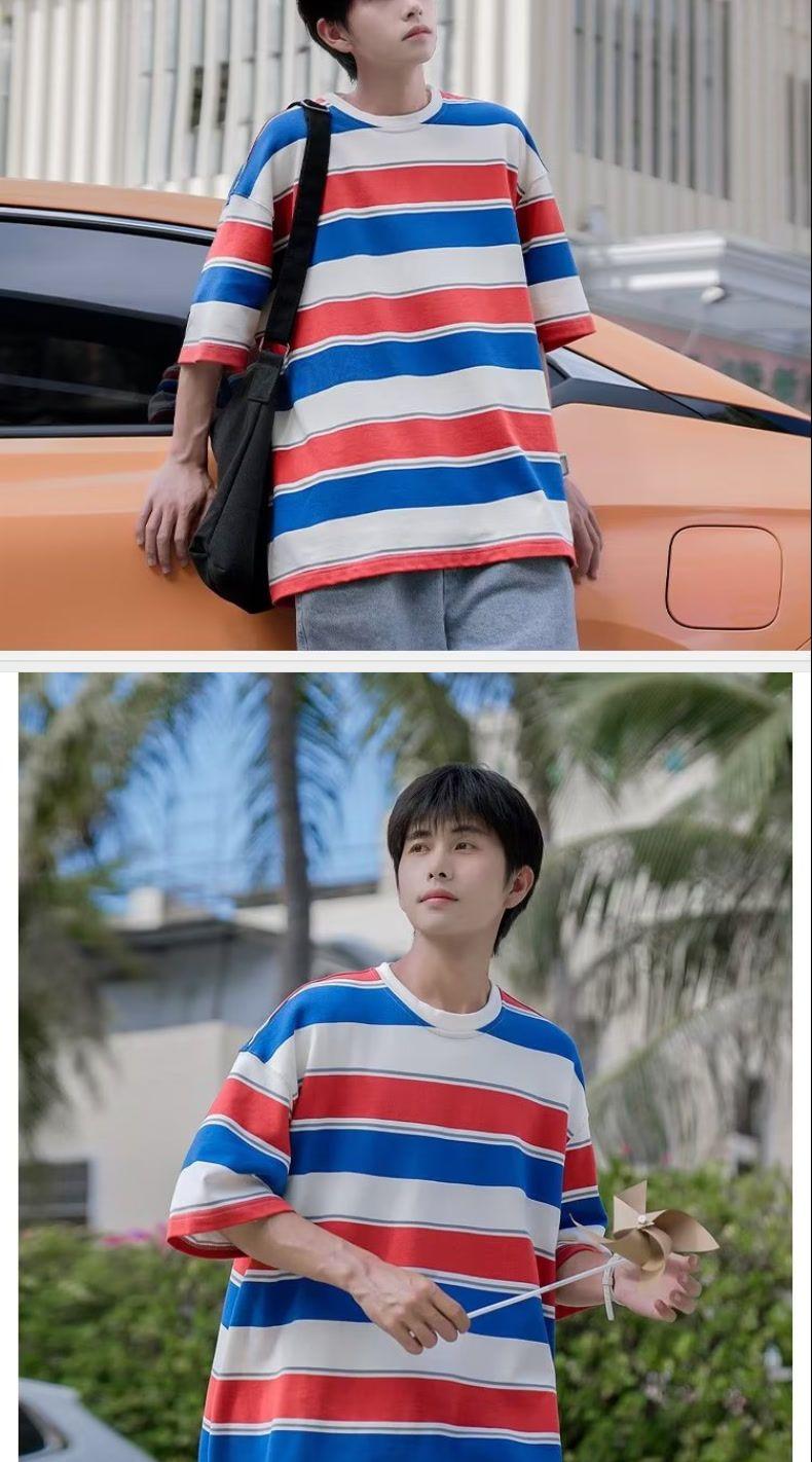 Product Introduction of 2024 Striped T-shirt Men's Short Sleeve Summer Fashion Brand Japanese College Style Loose Men's Half Sleeve T-shirt Menswear Top 2